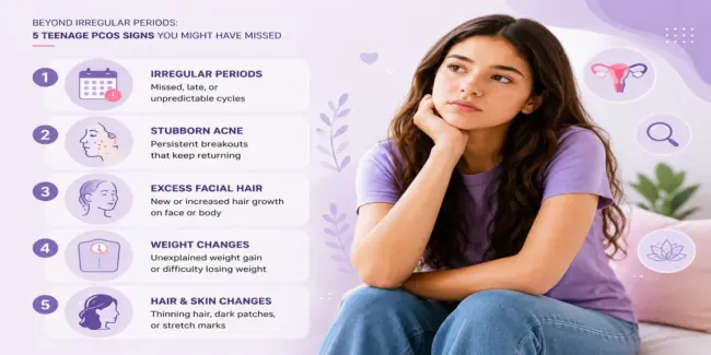 teenage-pcos-infographic-1200×600 "Teenage PCOS Symptoms infographic showing irregular periods, stubborn acne, facial hair growth, weight changes, and hair and skin issues associated with PCOS."