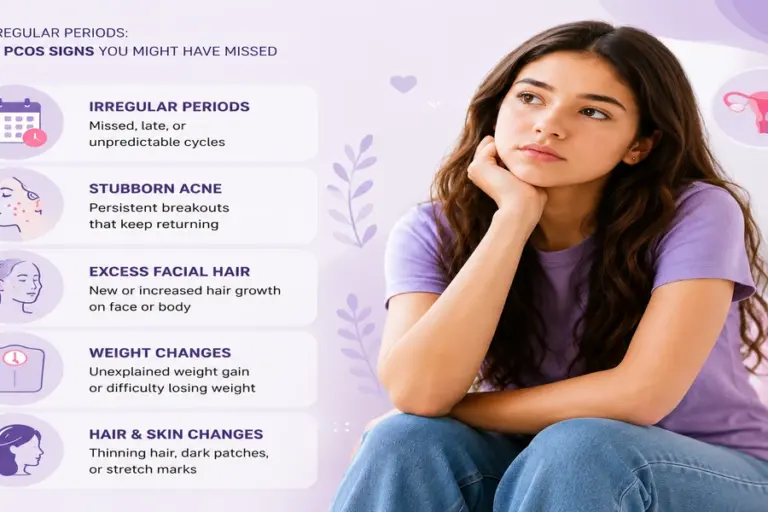 teenage-pcos-infographic-1200×600 "Teenage PCOS Symptoms infographic showing irregular periods, stubborn acne, facial hair growth, weight changes, and hair and skin issues associated with PCOS."