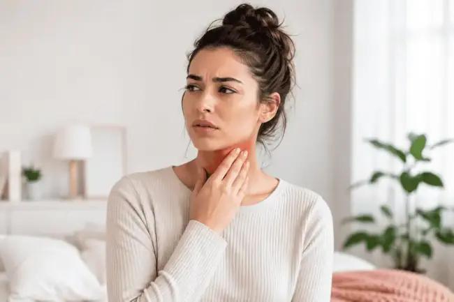 low-thyroid-symptoms-normal-tsh Woman experiencing low thyroid symptoms and touching her throat
