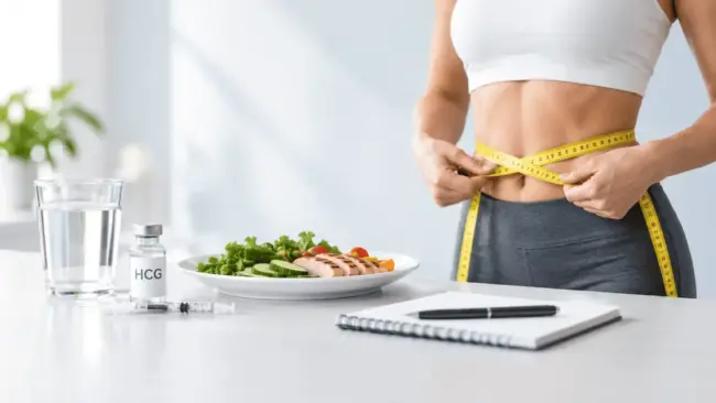 hcg-diet-for-weight-loss-medical-supervision Woman measuring her waist beside a healthy meal and HCG vial during a medically supervised weight loss program.