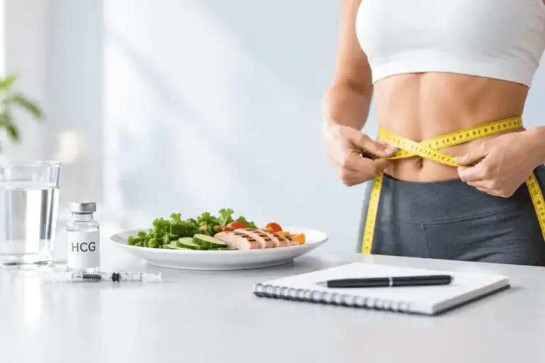 hcg-diet-for-weight-loss-medical-supervision Woman measuring her waist beside a healthy meal and HCG vial during a medically supervised weight loss program.