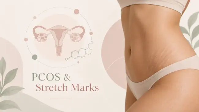 PCOS & Stretch Marks Wellness PCOS and stretch marks illustration showing a woman’s abdomen with subtle stretch marks and a uterus graphic