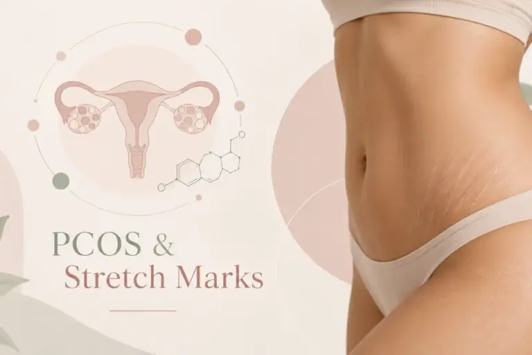 PCOS & Stretch Marks Wellness PCOS and stretch marks illustration showing a woman’s abdomen with subtle stretch marks and a uterus graphic